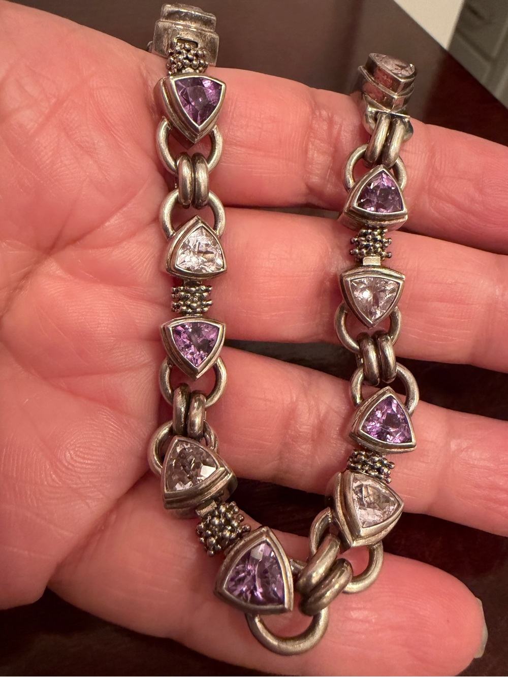 Michael Dawkins 925 Amethyst Rose de France Trillion Link Bracelet 7.5” - Picture 2 of 7
